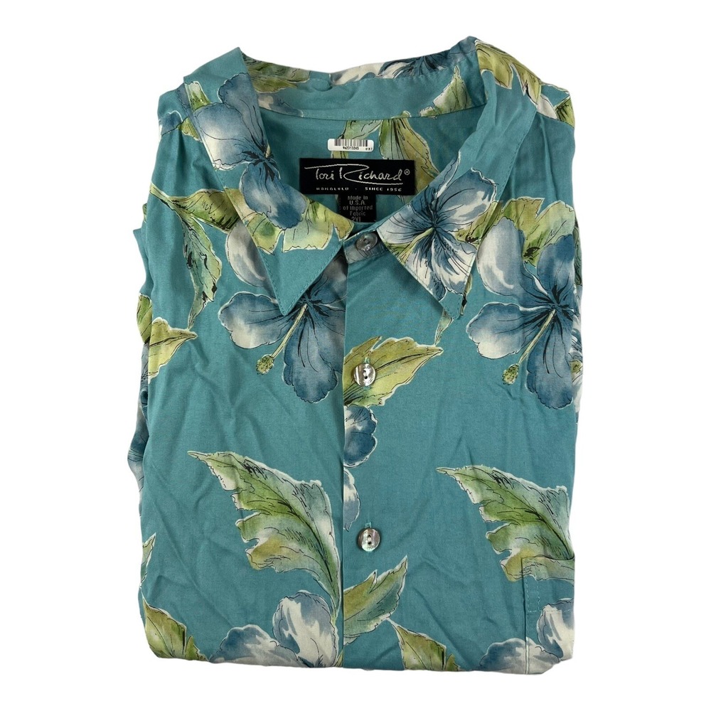 Tori Richard Blue w/ Floral Print Rayon Short Sleeve Hawaiian Button Down Sz 2XL
